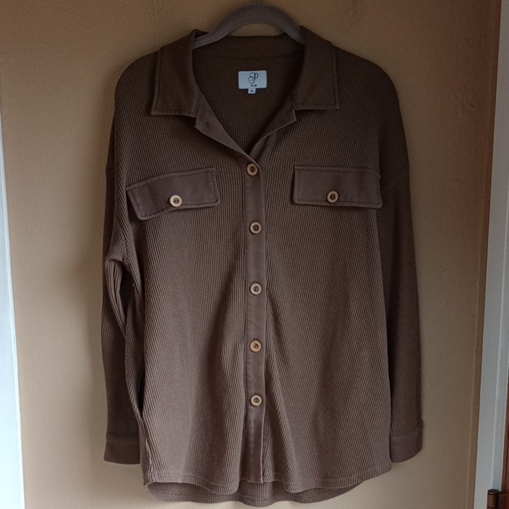 PlM waffle Knit Button Front Long Sleeve Shirt With Pockets Size S Army Green